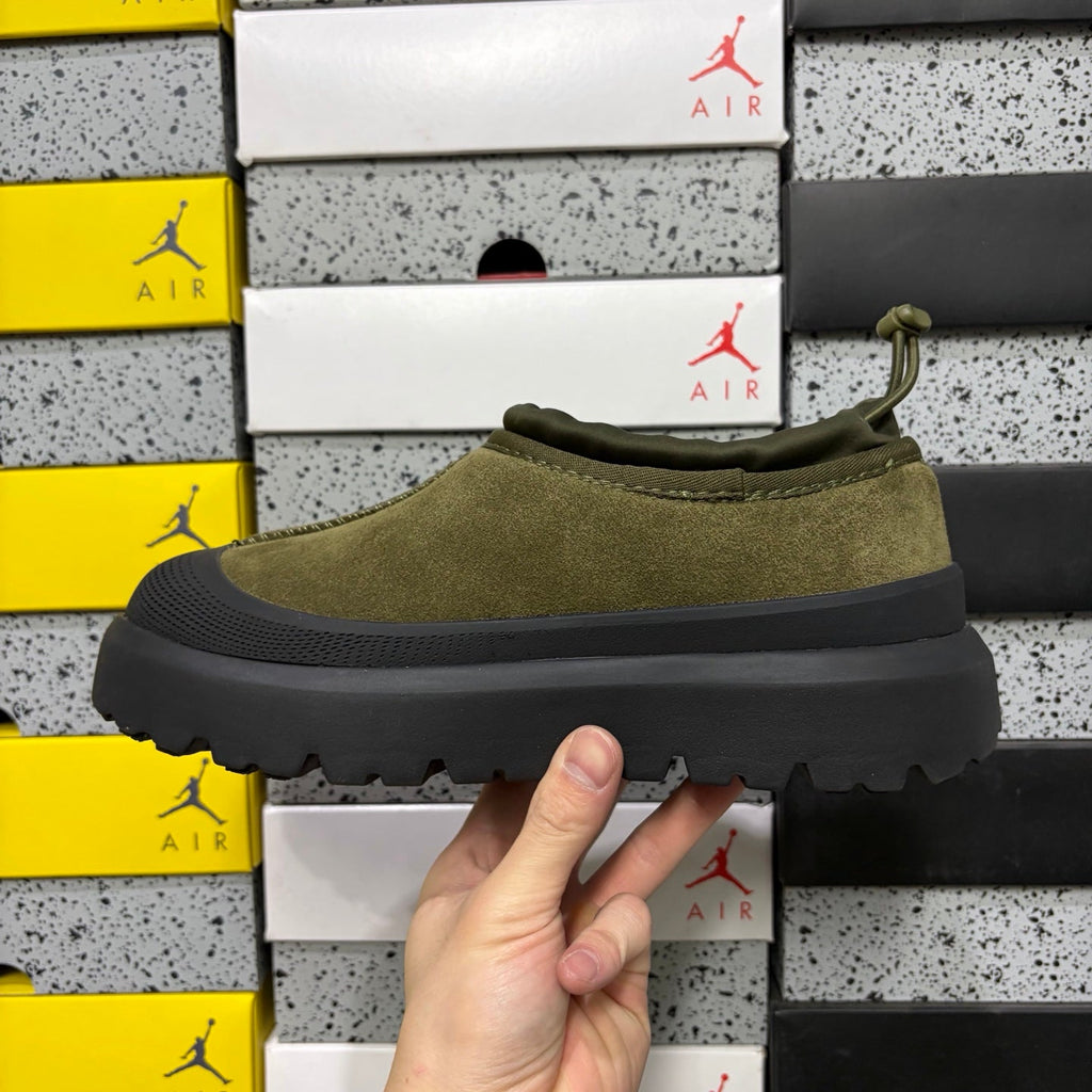 UGG Neumeel Deco Slip-On – Suede Moccasin Sneaker with Black Lug Sole & Tonal Drawstring in Olive